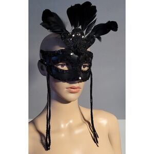 Adult Ladies Black  Sequins With Feather‎ Accents Parisian Mask Masquerade 0/S